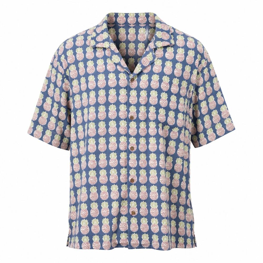 Sarapass Style Men's Blue Pineapple Hand Block Print Cotton Camp Shirt Large